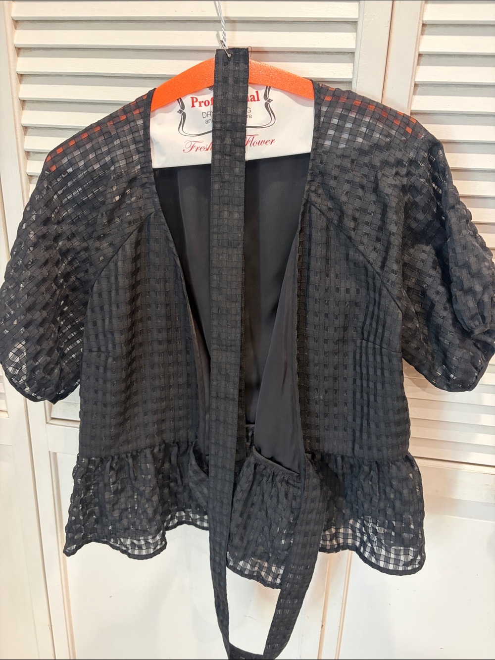 H&M Black Puff Sleeve  Wrap Textured Short Sleeve Blouse with Ruffle Hem